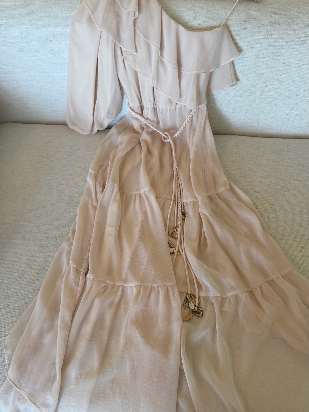 Maje One-Shoulder Ruffle Maxi Dress in Blush